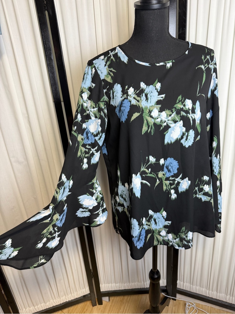 Vince Camuto Black Blouse with Blue & Green Floral Print